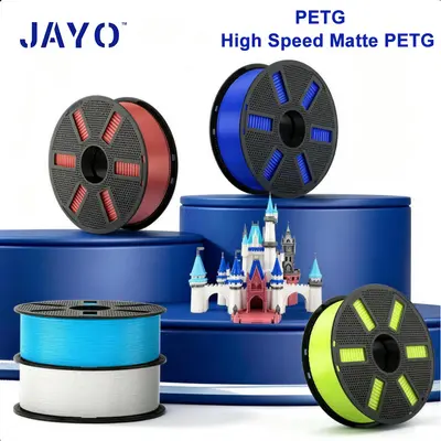 JAYO PETG Filament-Rollen in verschiedenen Farben auf blauer Verpackung mit Schloss-Motiv