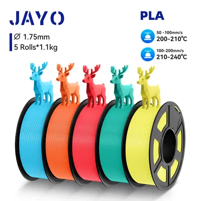 Fünf JAYO PLA Filamentrollen in Blau, Orange, Rot, Grün und Gelb mit Hirsch-Figuren