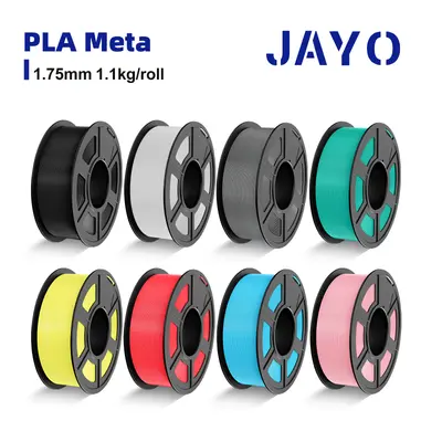 Acht Spulen JAYO PLA Meta Filament in verschiedenen Farben: Schwarz, Weiß, Grau, Türkis, Gelb, Rot, Blau und Rosa