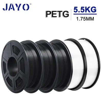 JAYO PETG Filament, sechs Spulen in Schwarz und Weiß nebeneinander