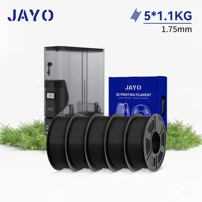 JAYO 3D-Drucker J1 mit fünf schwarzen Filamentrollen und Verpackung