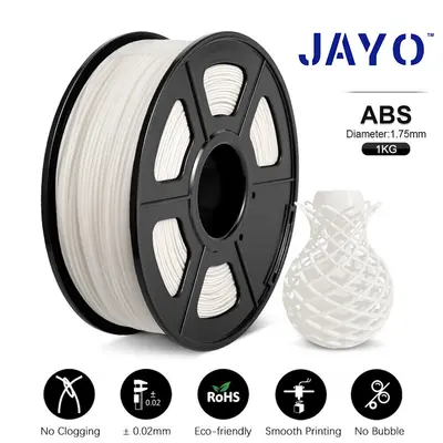 JAYO ABS Filament 1,75 mm, weiße Spule auf schwarzer Rolle, daneben gedrucktes Gitterobjekt