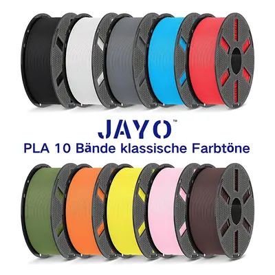 JAYO PLA, 10 Rollen in klassischen Farben: Schwarz, Weiß, Grau, Blau, Rot, Grün, Orange, Gelb, Rosa, Braun