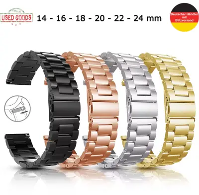 Vier Gliederarmbänder in Schwarz, Roségold, Silber und Gold nebeneinander
