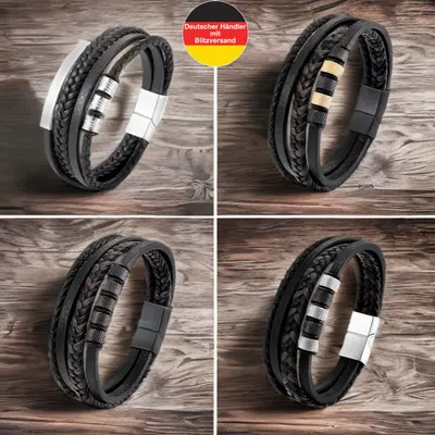 Herren Armband Schwarz Lederarmband Mode Schmuck Edelstahl Magnet Verschluss