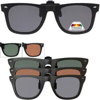 Clip-On-Sonnenbrille mit schwarzem Rahmen und grauem polarisiertem Glas von vorn