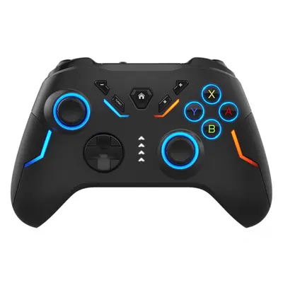 Wireless Gaming Controller Vorderansicht mit blauen und orangefarbenen Akzenten, vier farbigen Aktionstasten rechts