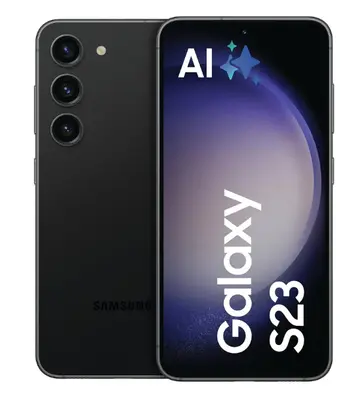 Galaxy S23 von vorn und hinten, schwarzes Gehäuse mit Dreifach-Kamerasystem