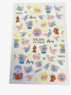 Nagelsticker-Bogen mit bunten Dumbo-Motiven, Schrift und Dekorelementen