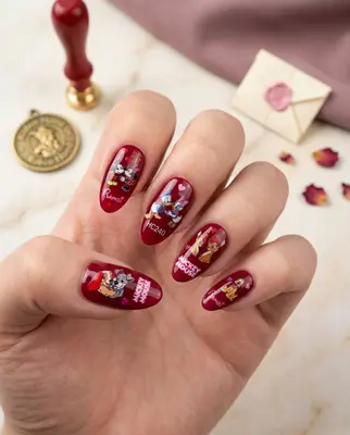 Hand mit aufgeklebten Nagelstickern in Weinrot und Gold mit Disney-Motiven