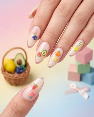 Fingernägel mit Obst-Motiven: Erdbeeren, Blaubeeren, Avocado, Orange und Zitrone auf zartem Untergrund