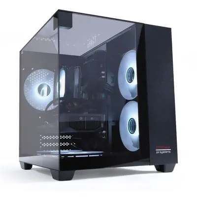 Gaming-PC mit schwarzem Gehäuse, Glasfront und fünf beleuchteten Lüftern
