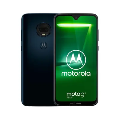 Motorola Moto G7 Plus von vorn und hinten, dunkelblau mit Display und Kamera