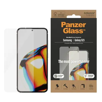 PanzerGlass Displayschutz für Samsung Galaxy S23 mit schwarzem Rahmen auf dem Smartphone montiert