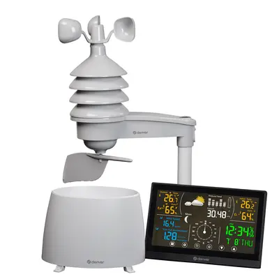 Denver WS-650 Wetterstation mit weißem Sensorkopf, Regensensor und Display mit Wetterdaten