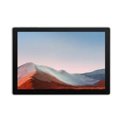Surface Pro 7+ mit schwarzem Rahmen, Display zeigt Berglandschaft bei Sonnenaufgang