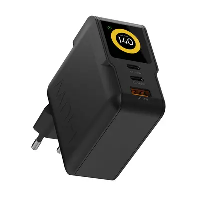Xtorm 140W NextGen Wall Charger von vorn, schwarzes Gehäuse mit Display und Netzstecker