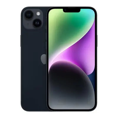 iPhone 14 Plus in Mitternachtsblau von vorn und hinten, Display mit farbigem Hintergrund