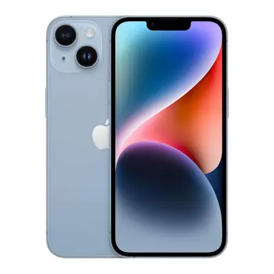 iPhone 14 in Blau von vorne und hinten, Display mit farbigem Hintergrundbild, Dual-Kamera sichtbar