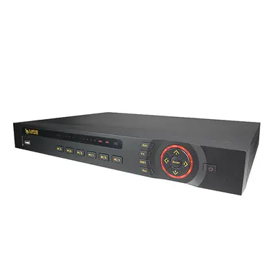 LUPUS LE926 NVR-Rekorder von vorne schräg, schwarzes Gehäuse mit Bedientasten und rotem Drehregler
