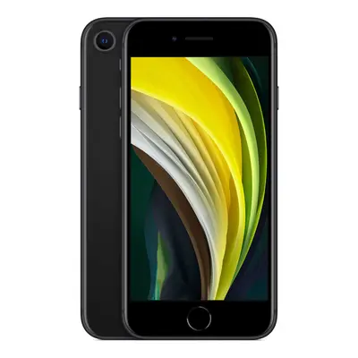 iPhone SE 2020 in Schwarz von vorn und hinten, Display mit farbigem Muster