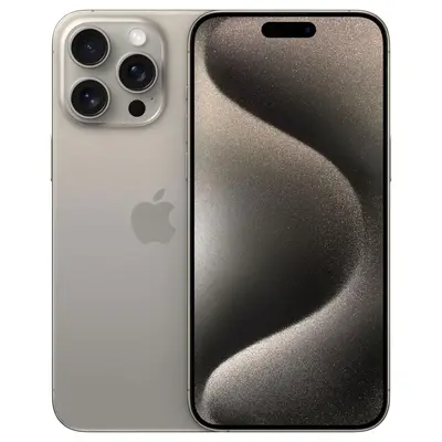 iPhone 15 Pro Max von vorn und hinten, silberner Titanium-Rahmen mit Triple-Kamera