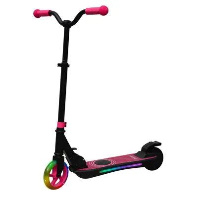 Denver SCK-5500P Tretroller von vorn, schwarzer Rahmen mit pink-grünem Trittbrett und pinken Griffen