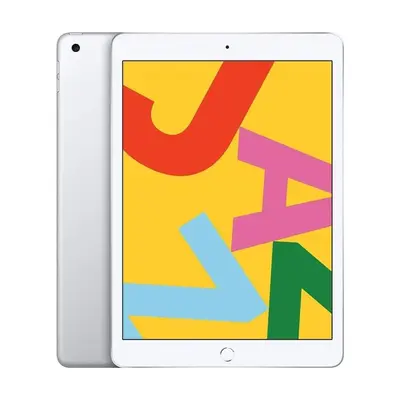 Apple iPad 7. Generation, Vorderseite mit buntem Display, silbernes Gehäuse von der Seite