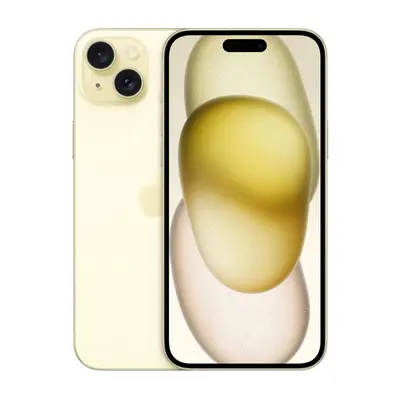 iPhone 15 Plus in Gelb, Vorder- und Rückseite nebeneinander