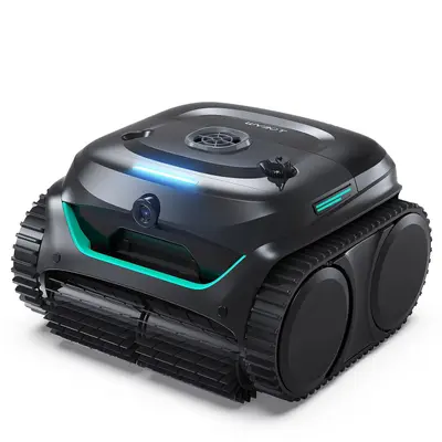 WYBOT C2 Vision Poolroboter von der Seite, schwarzes Gehäuse mit türkisen Akzenten und Raupenantrieb