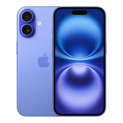 iPhone 16 in Blau, Vorderseite mit Display und Dual-Kamera-Modul sichtbar