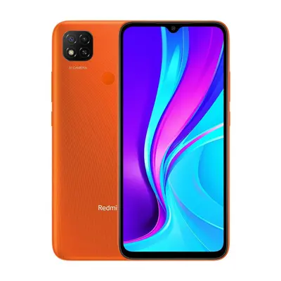 Xiaomi Redmi 9C in Sunrise Orange von vorn und hinten, Display mit bunten Farbverlauf