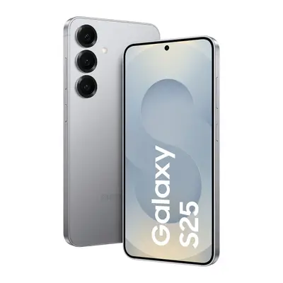 Samsung Galaxy S25 von vorn und hinten, silberfarben mit Triple-Kamera