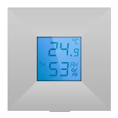 LUPUS Temperatursensor mit Display V2, weiße Frontplatte, blaues LCD-Display zeigt 24,9 °C und 53% Luftfeuchte