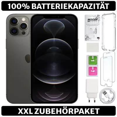 iPhone 12 Pro in Graphit mit Dreifach-Kamera, Displayansicht von vorn, daneben Zubehör wie Hülle, Ladegerät und Kabel