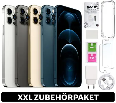 iPhone 12 Pro in fünf Farbvarianten nebeneinander, daneben Zubehör wie Hülle, Ladekabel und Schutzfolien