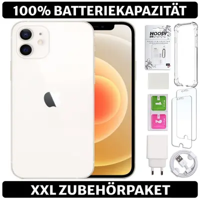 iPhone 12 in Weiß von vorn mit Display, daneben Zubehör wie Hülle, Ladegerät und Kabel
