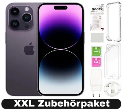 iPhone 14 Pro in Dunkellila mit Zubehörset: Hüllen, Displayschutzfolien, USB-C-Ladegerät und Kabel