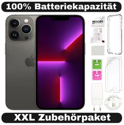 iPhone 13 Pro Spacegrau mit leuchtend violettem Display, daneben Zubehör: Hüllen, Ladekabel und Netzteil