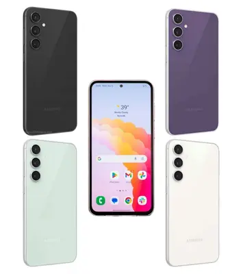 Samsung Galaxy S23 FE in vier Farben: Schwarz, Lila, Hellgrün und Weiß, mit Displayansicht in der Mitte