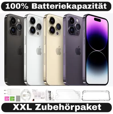 iPhone 14 Pro Max in fünf Farben: Spacegrau, Silber, Gold, Lila und Displayansicht mit Zubehör unten