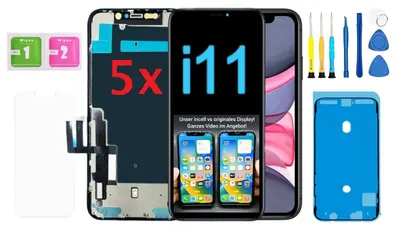 iPhone 11 Display mit Werkzeugen und Ersatzteilen, Verpackung mit Aufschrift "5x i11"
