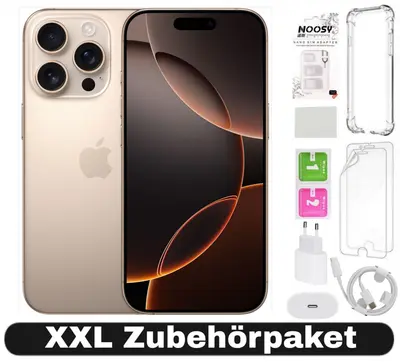 iPhone 16 Pro Max in Titan Gold mit Triple-Kamera, daneben Zubehör: Schutzhüllen, Ladegerät, Kabel und Kopfhörer
