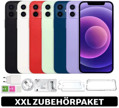 iPhone 12 in sechs Farben nebeneinander: Schwarz, Weiß, Rot, Grün, Blau, Violett mit Display