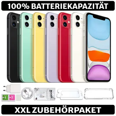 iPhone 11 in sechs Farben von vorn, daneben Zubehör wie Ladekabel und SIM-Werkzeug