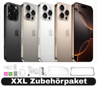 iPhone 16 Pro Max in fünf Farben nebeneinander: Schwarz, Silber, Weiß, Gold und Grau