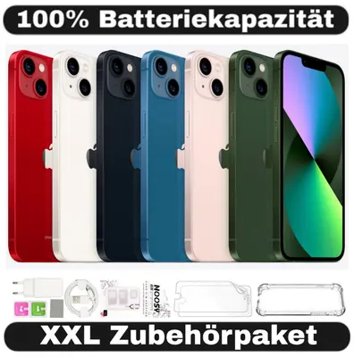 iPhone 13 Mini in sechs Farben nebeneinander, Rückseiten mit Dual-Kamera, daneben Zubehör wie Kabel und Hülle