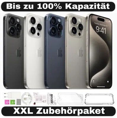 iPhone 15 Pro in vier Farben von vorne, daneben Zubehör wie Kabel und Schutzhülle