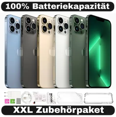 iPhone 13 Pro in fünf Farben von vorn und hinten, dazu Zubehör und Hinweis auf volle Batteriekapazität