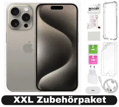 iPhone 15 Pro in Titan Natur mit Triple-Kamera, daneben Schutzfolien, Hülle, USB-C Adapter und Ladekabel